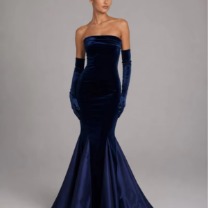 Strapless Navy Velvet Mermaid Prom Dress, Custom Taffeta Flared Train Evening Gown with Matching Long Gloves